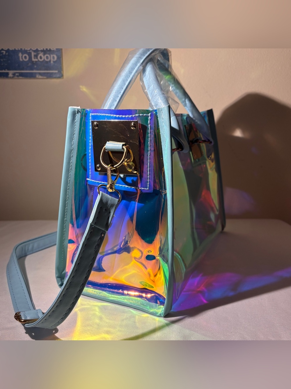 Iridescent Holographic on a transparency + Sky Blue PVC Tote Bag & Pouch. - Picture 5 of 11